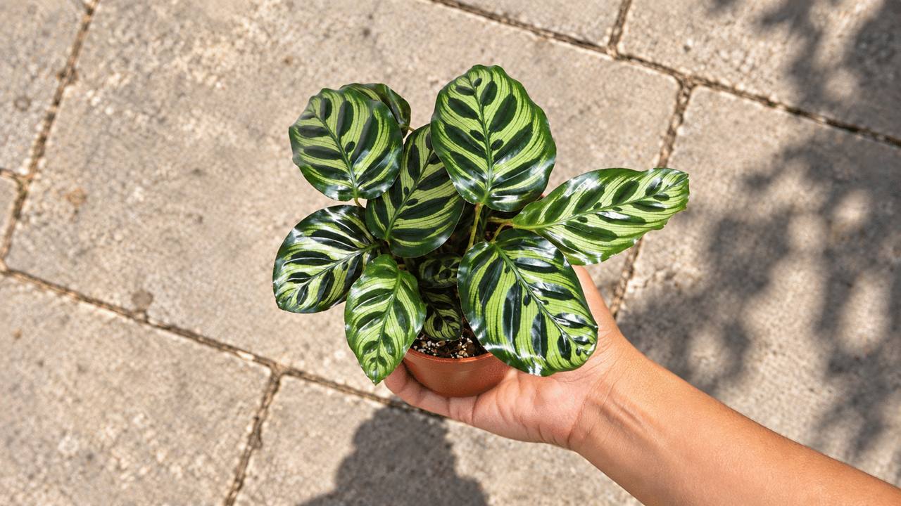 A hand holding potted houseplants in the California sun, one after another: a calathea, a cactus, a hoya, and more